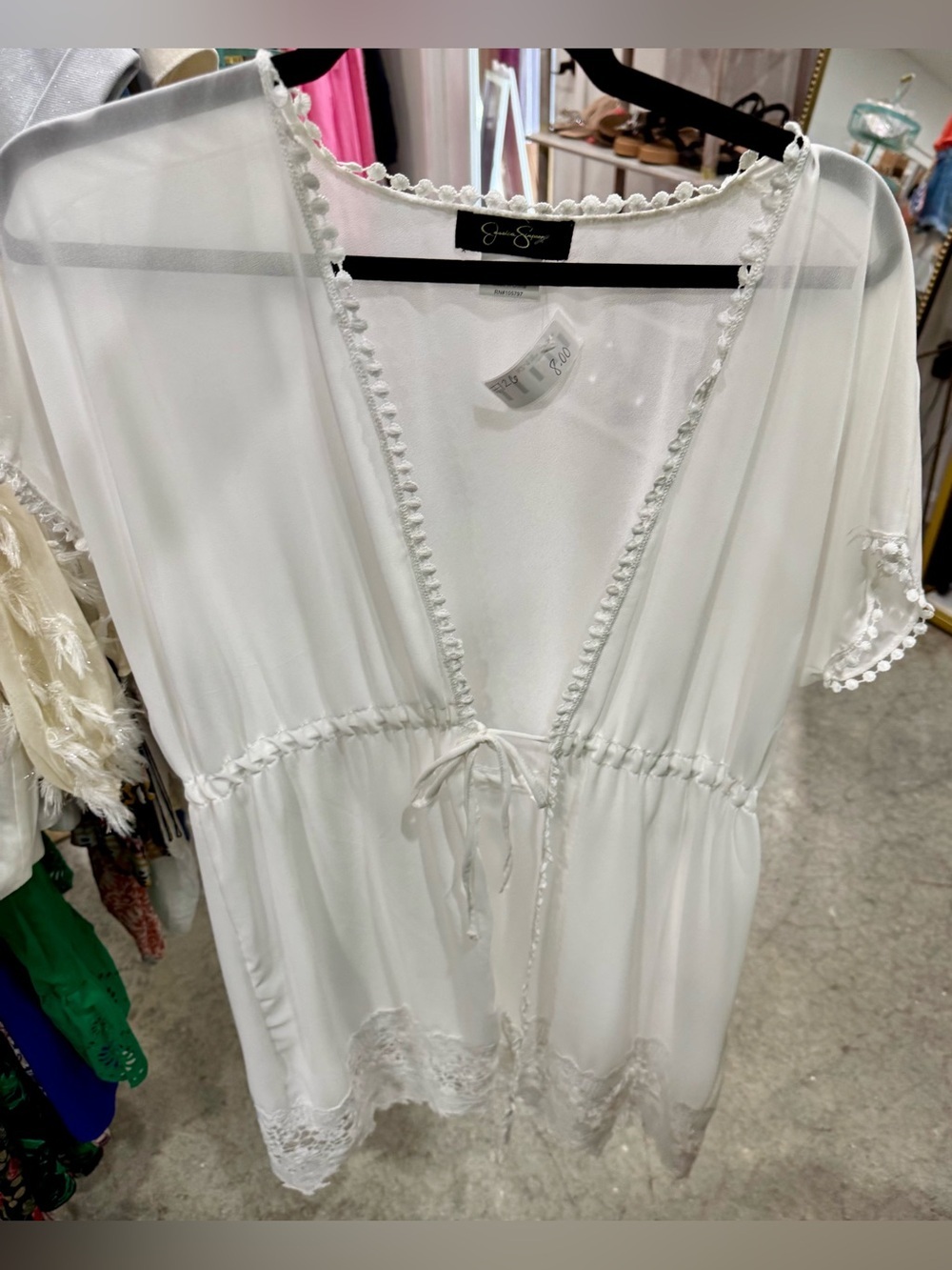Jessica Simpson White Sheer Lace-Trim Tie Front Cover-Up
